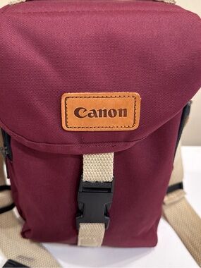 Canon Burgundy Messenger Sling Bag with Tan Accents